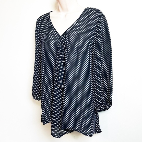 NEW Spense Semi Sheer Relaxed Fit Dot Blouse V Neck Blue White Large Pullover - Picture 2 of 9